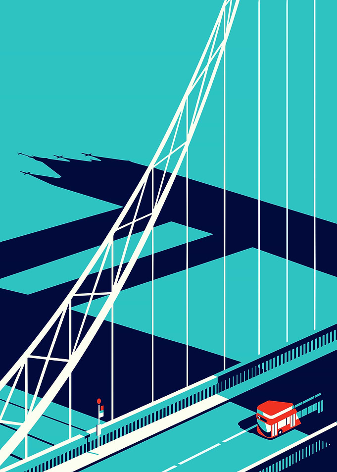Minimalist Bridge and Bus Illustration