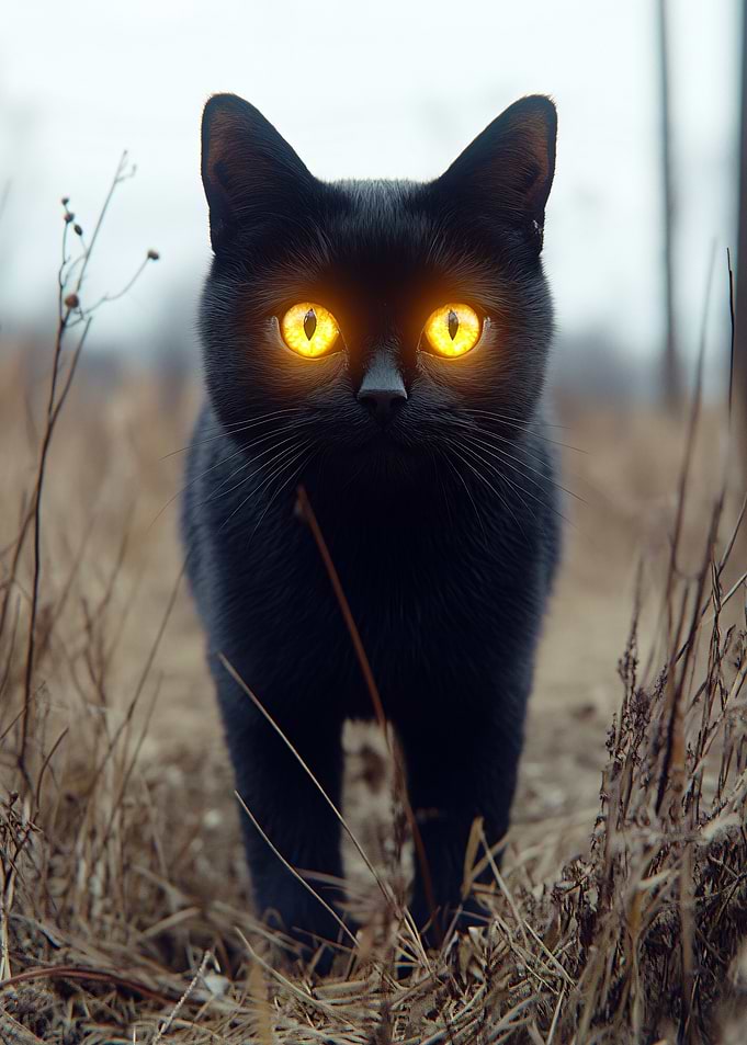Black Cat with Glowing Yellow Eyes