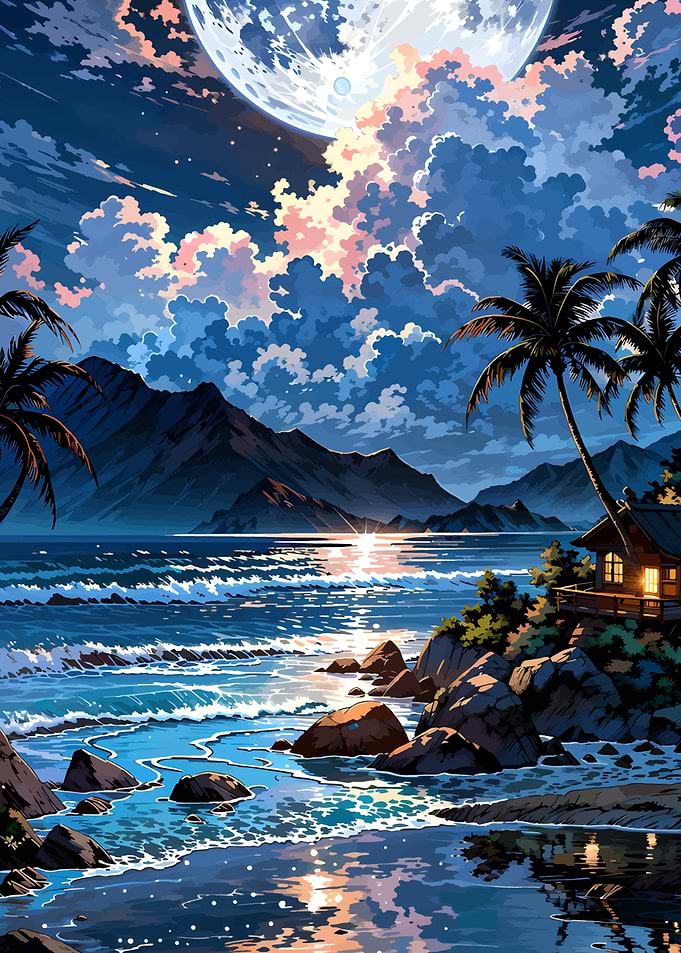 Tropical Beach at Night with Moon