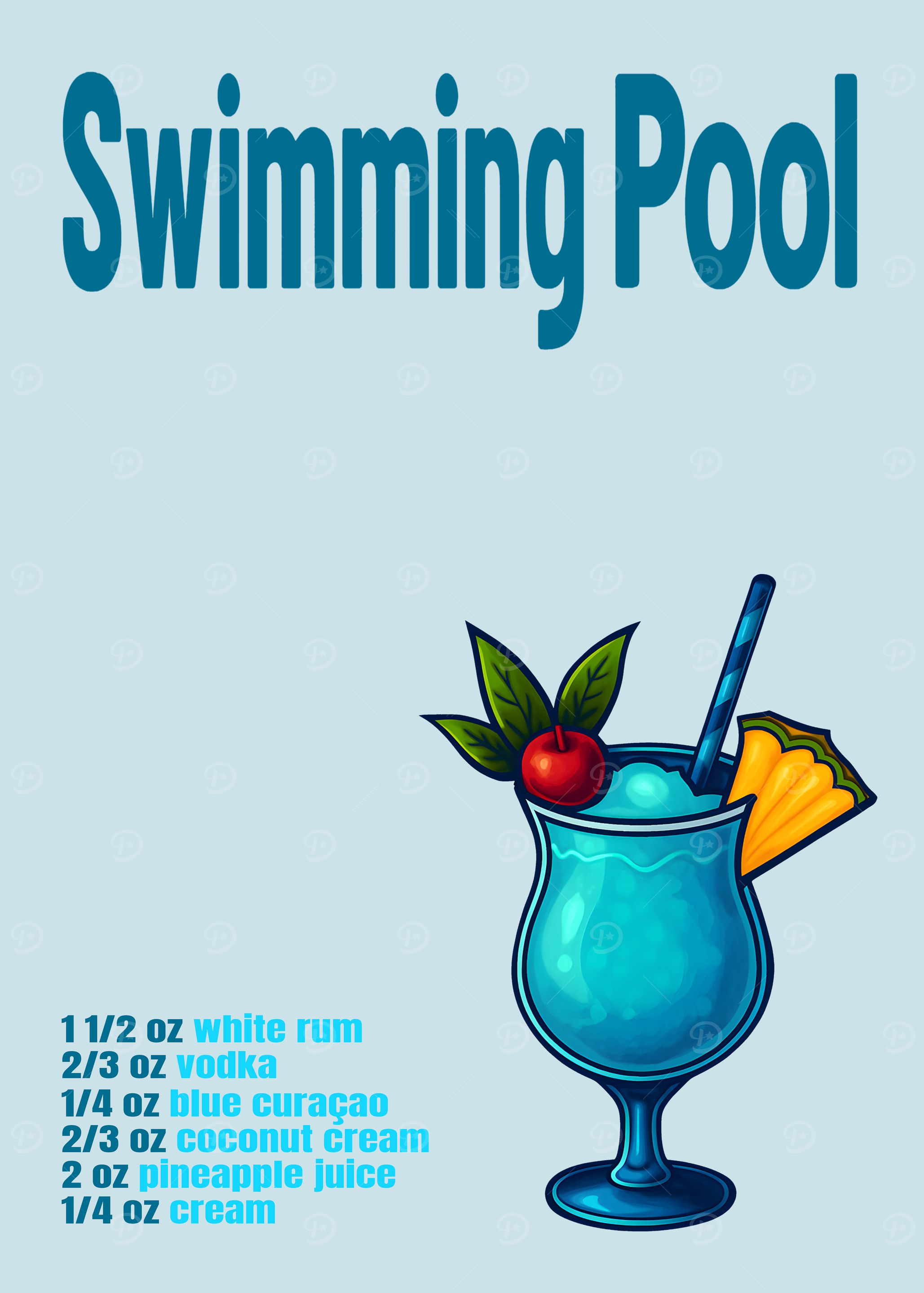 Swimming Pool Cocktail Art Print – Retro Tropical Drink Recipe Wall Decor for Bar, Kitchen, or Tiki Lounge