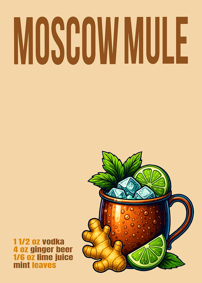 Moscow Mule Cocktail Art Print – Classic Copper Mug Drink Recipe Wall Decor for Bar, Kitchen, or Lounge