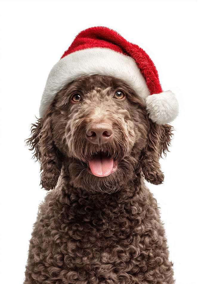 Spanish Water Dog with Santa Hat