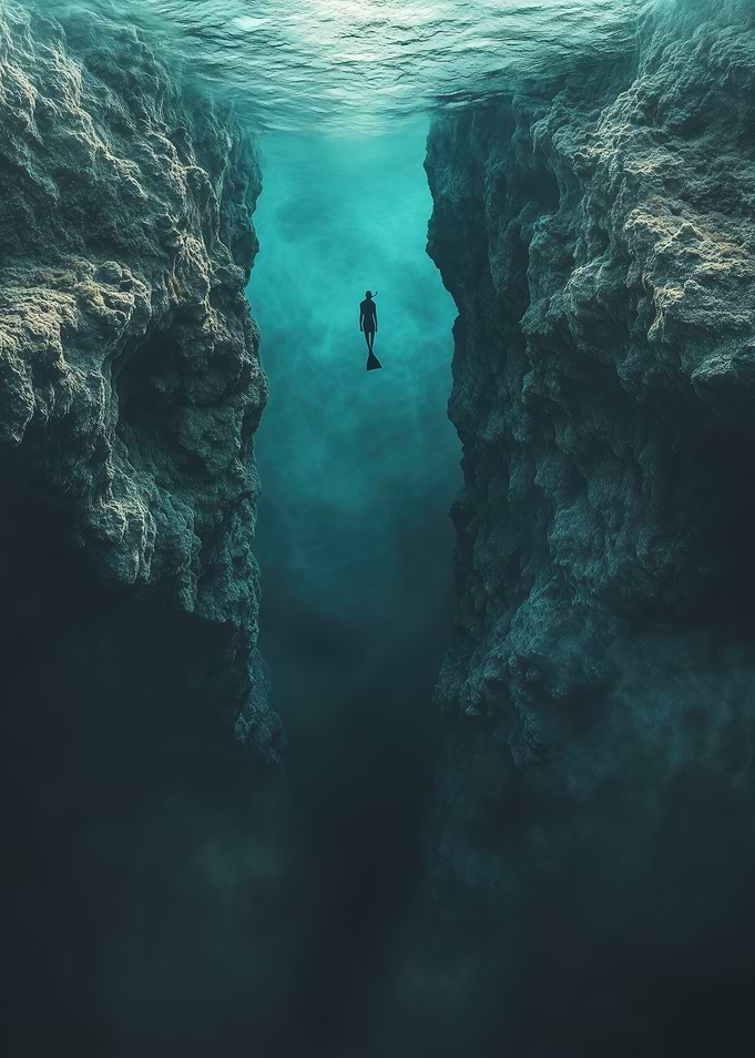 Thalassophobia: Underwater Diver Between Cliffs