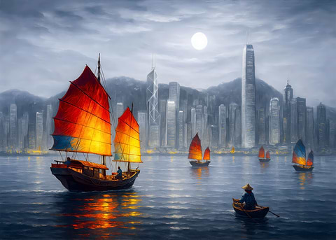 Hong Kong Junk Boats at Night — living room metal wall art