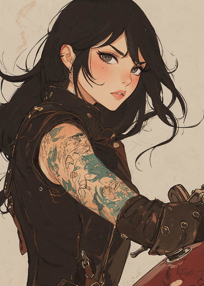 Anime Biker Girl with Tattoo