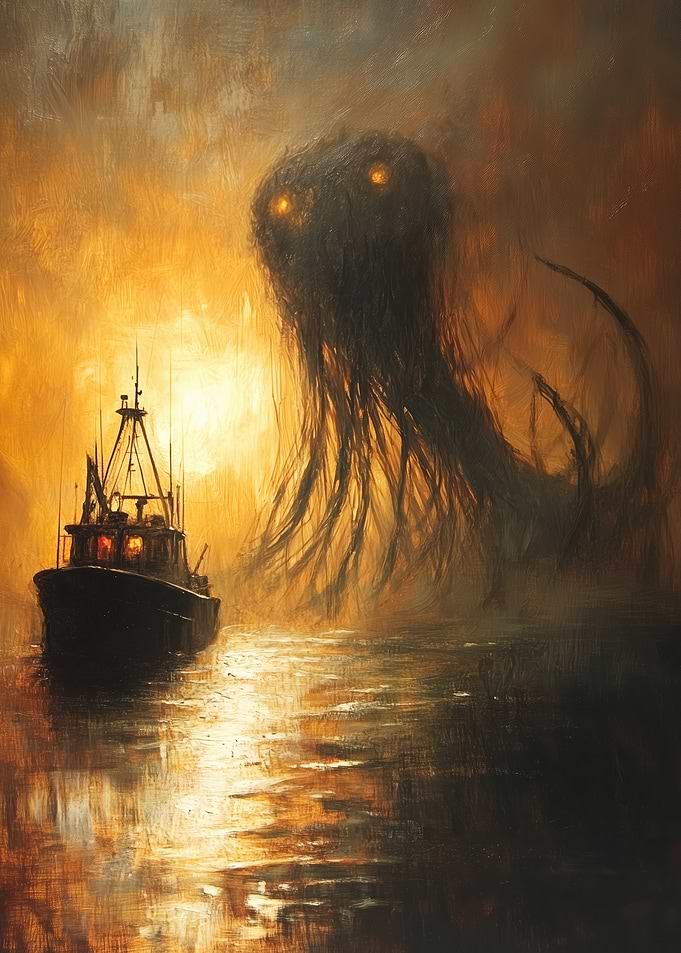 Thalassophobia: Fishing Boat and Sea Monster Painting