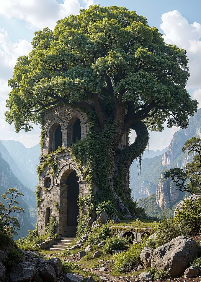 Treehouse Ruins in Mountainous Landscape
