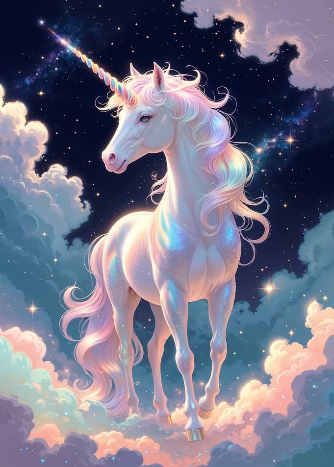 Holographic Majestic Unicorn in Starry Sky