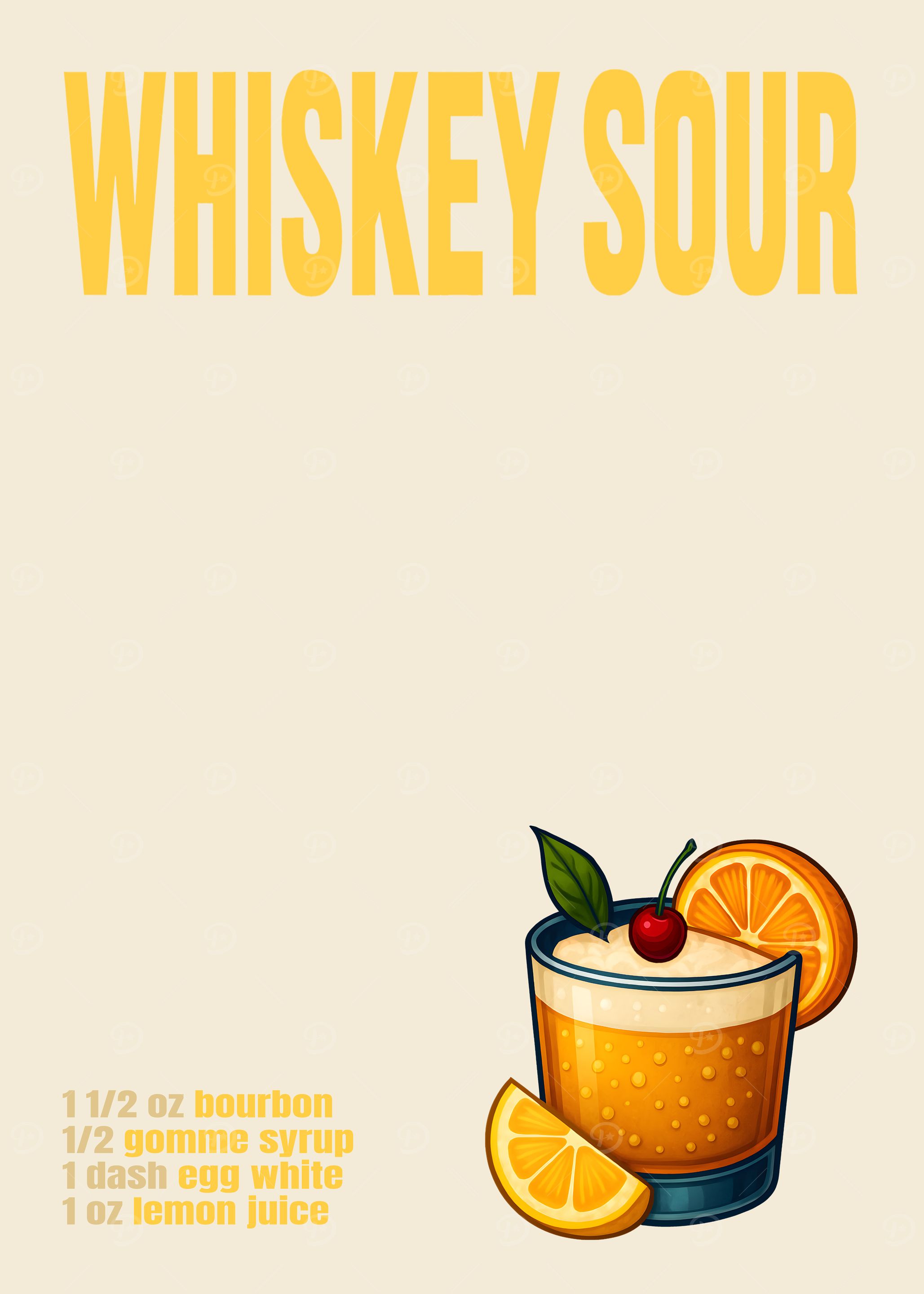 Whiskey Sour Cocktail Art Print – Classic Bourbon Drink Recipe Wall Decor for Bar, Lounge, or Kitchen