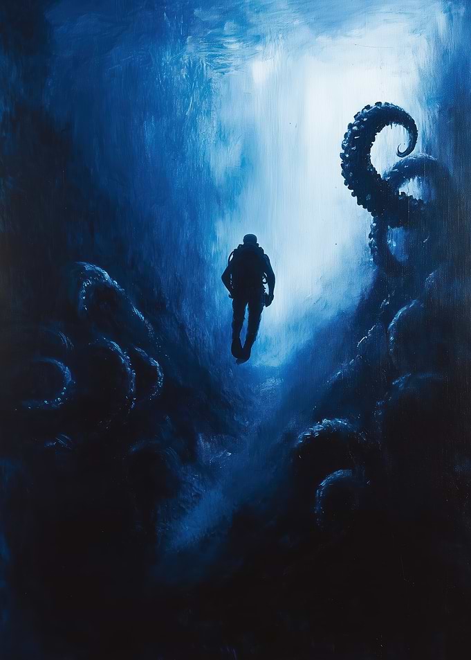 Thalassophobia: Underwater Diver and Tentacles Painting