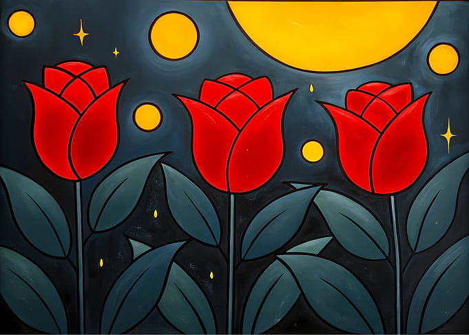 Red Tulips Under a Yellow Moon