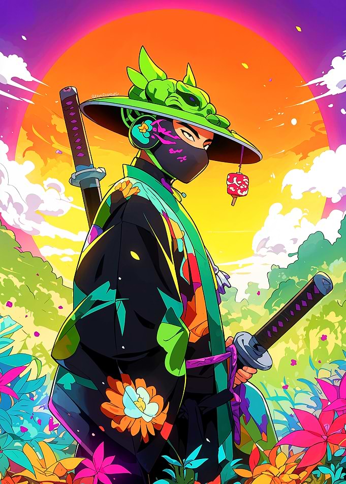 Cyberpunk Samurai with Dual Katanas