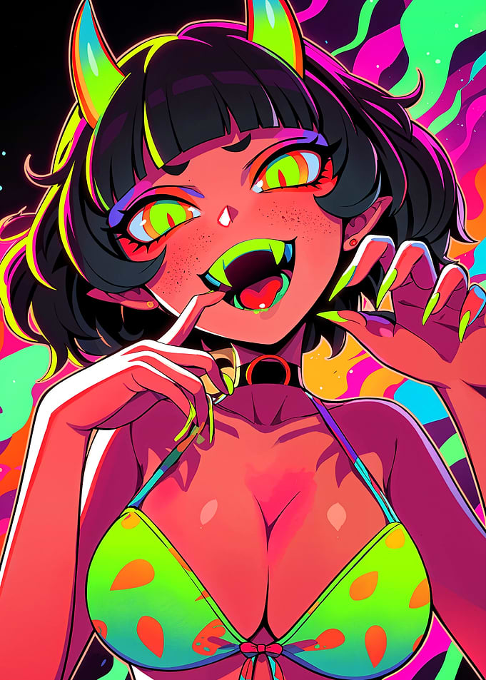 Neon Devil Girl with Bikini Top