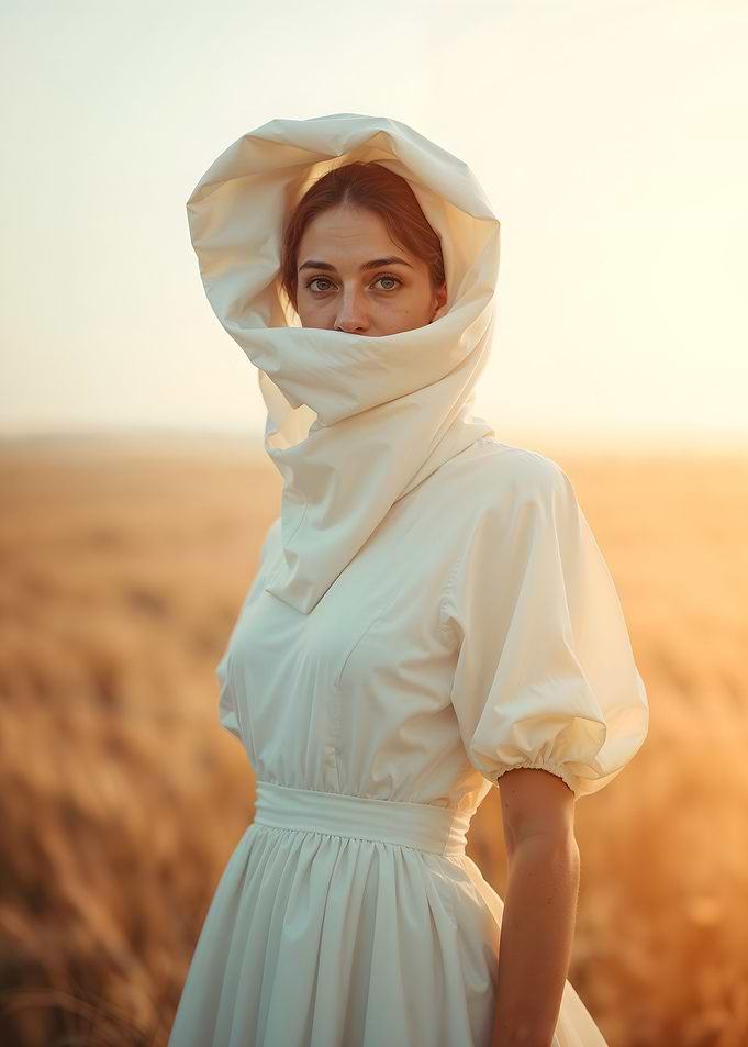 Woman in white dress in field