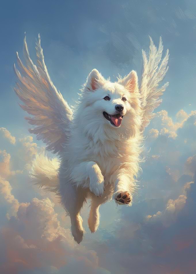 Winged Samoyed Dog Flying in Sky | Samoyed Angel | Heavenly Tribute Art