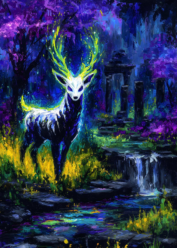 Mystical Deer in Enchanted Forest Painting