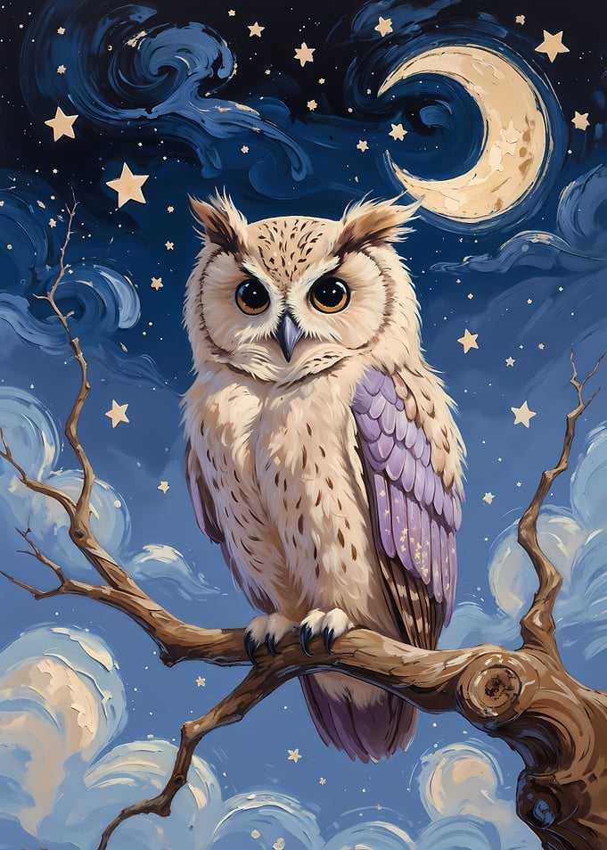 Owl Perched on Branch at Night starry night
