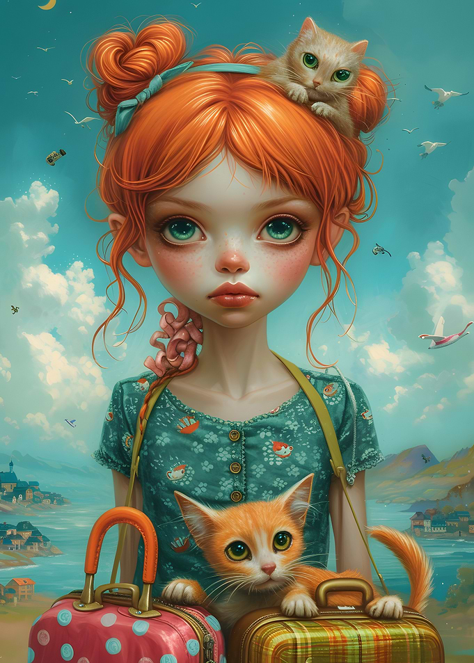 Girl with Cats and Suitcases