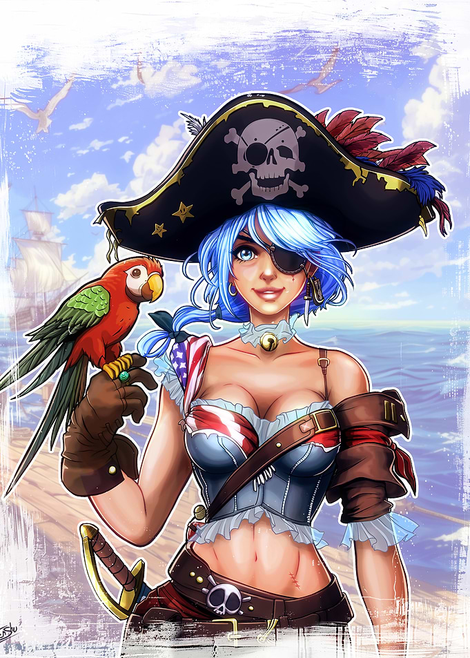 Pirate Girl with Parrot Digital Art