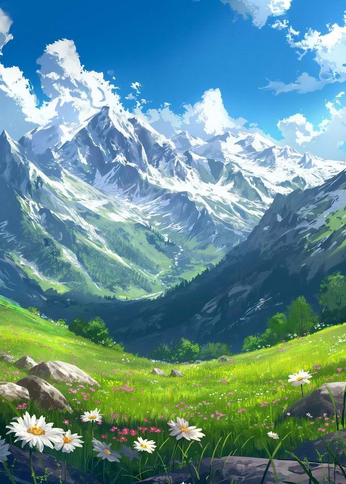 Alpine Mountains Landscape with Flowers and Sky