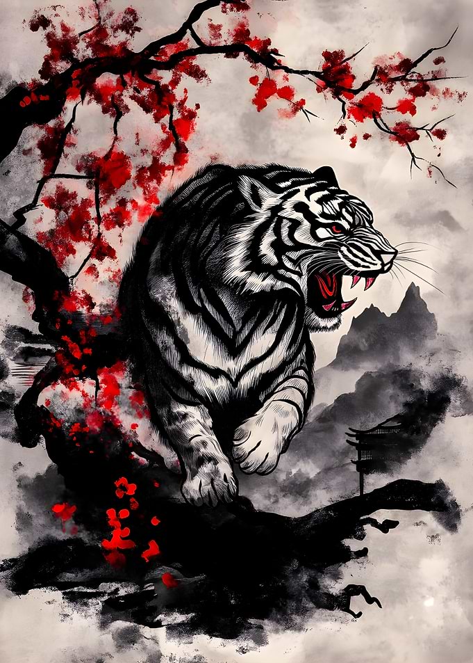 White Tiger with Red Blossoms
