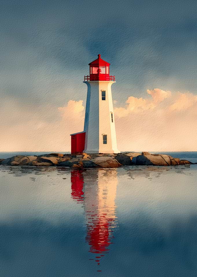 Lighthouse on Rocky Islet | Reflected Lighthouse at Sunset