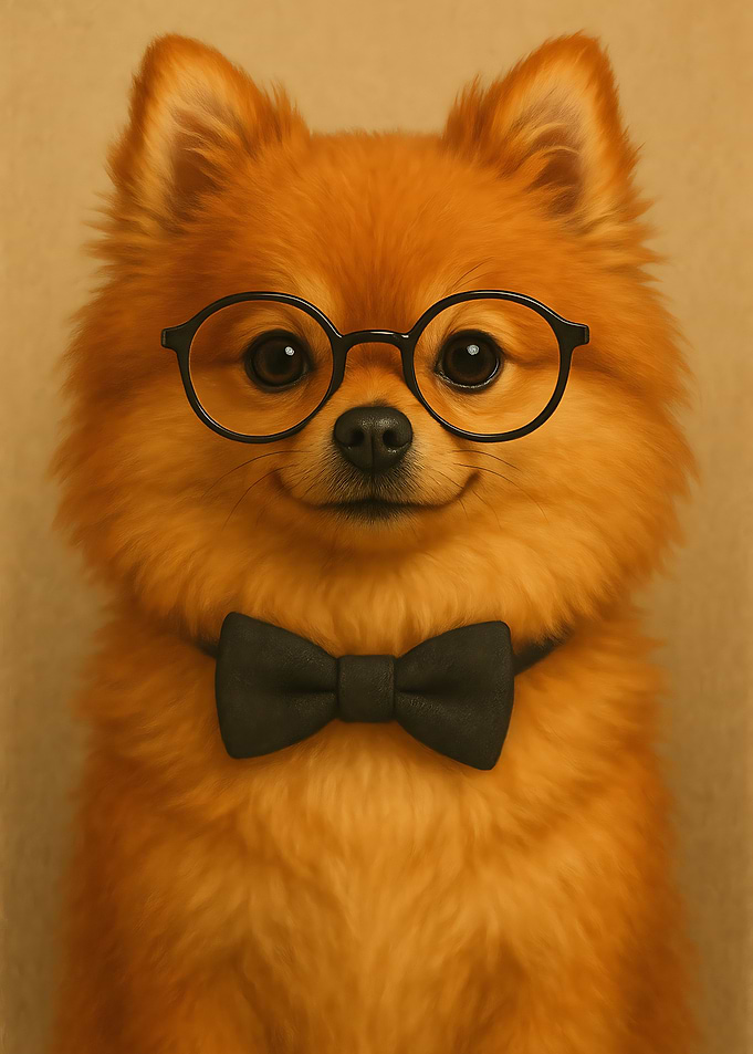 Pomeranian dog with glasses and bow