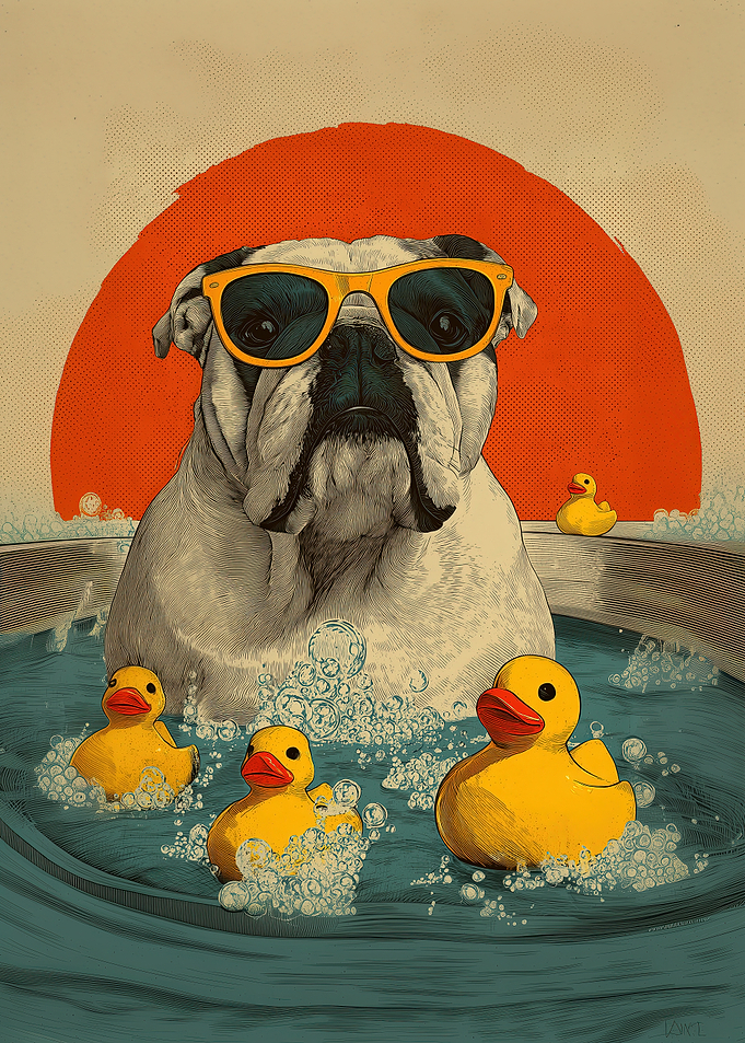 Retro Bulldog Bubble Bath – Funny Bathroom Wall Art with Rubber Ducks