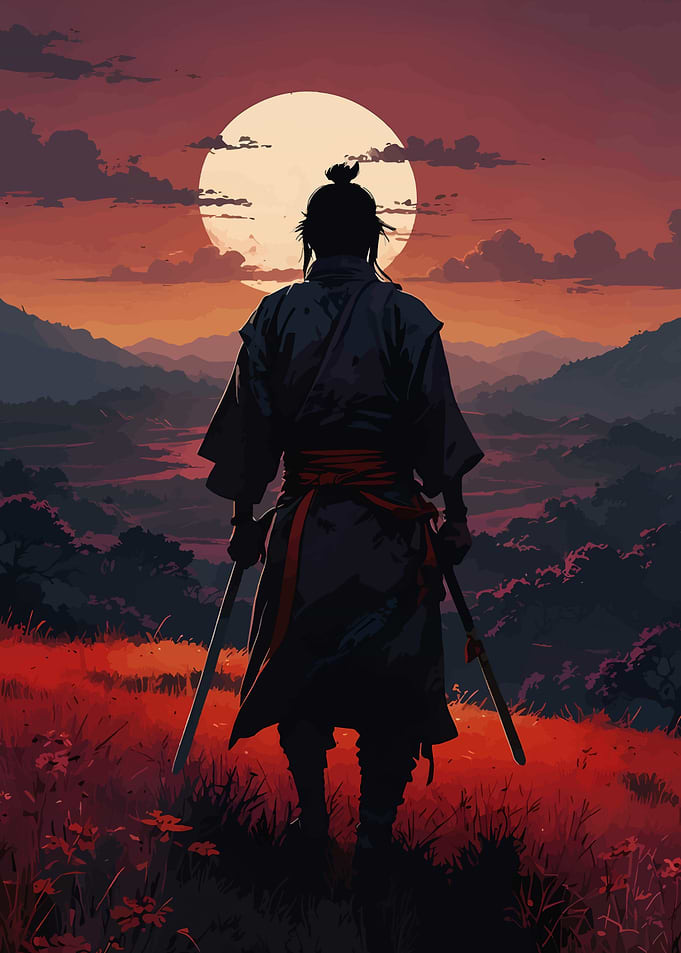 Samurai Silhouette Against Moonlit Landscape