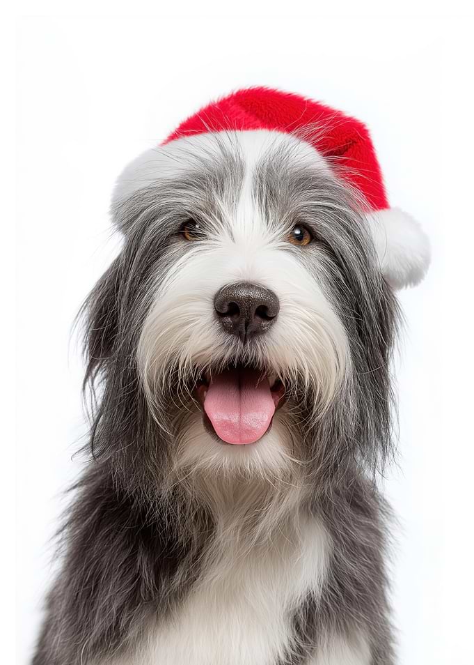 Bearded Collie with Santa Hat