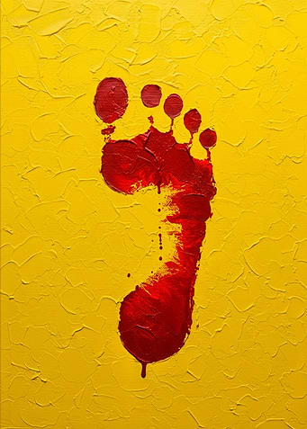 Red Footprint on Yellow Textured Background