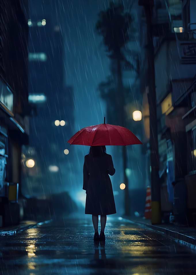 Rainy Night Walk with Red Umbrella