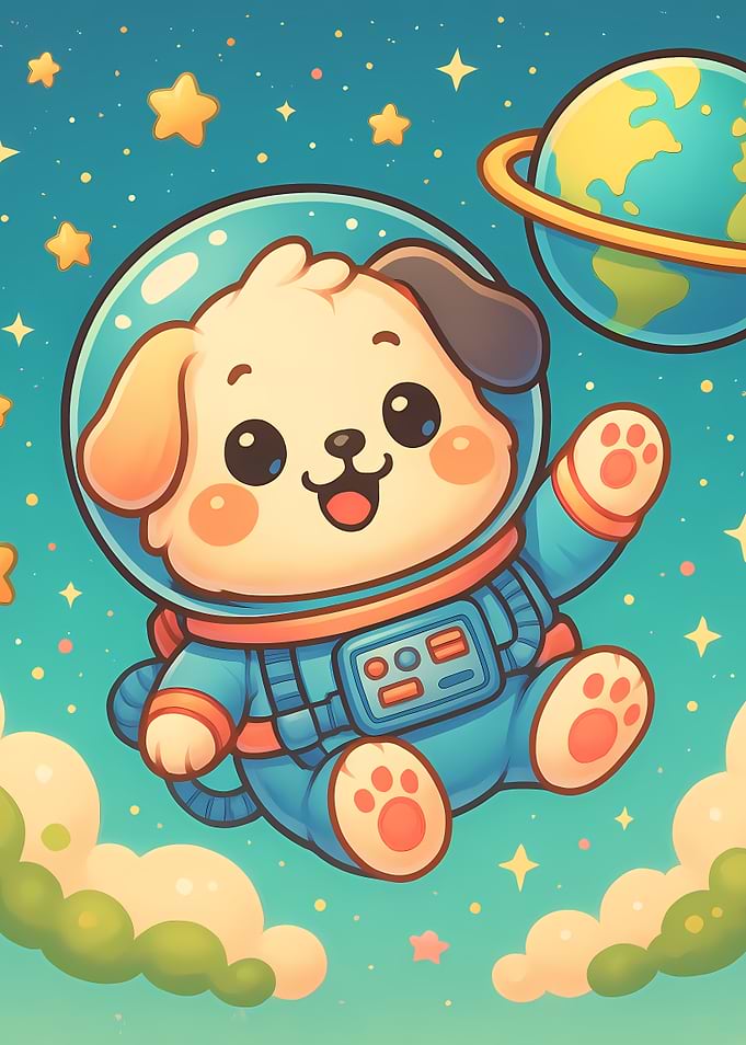 Cute Astronaut Puppy Poster – Whimsical Space Wall Art for Kids