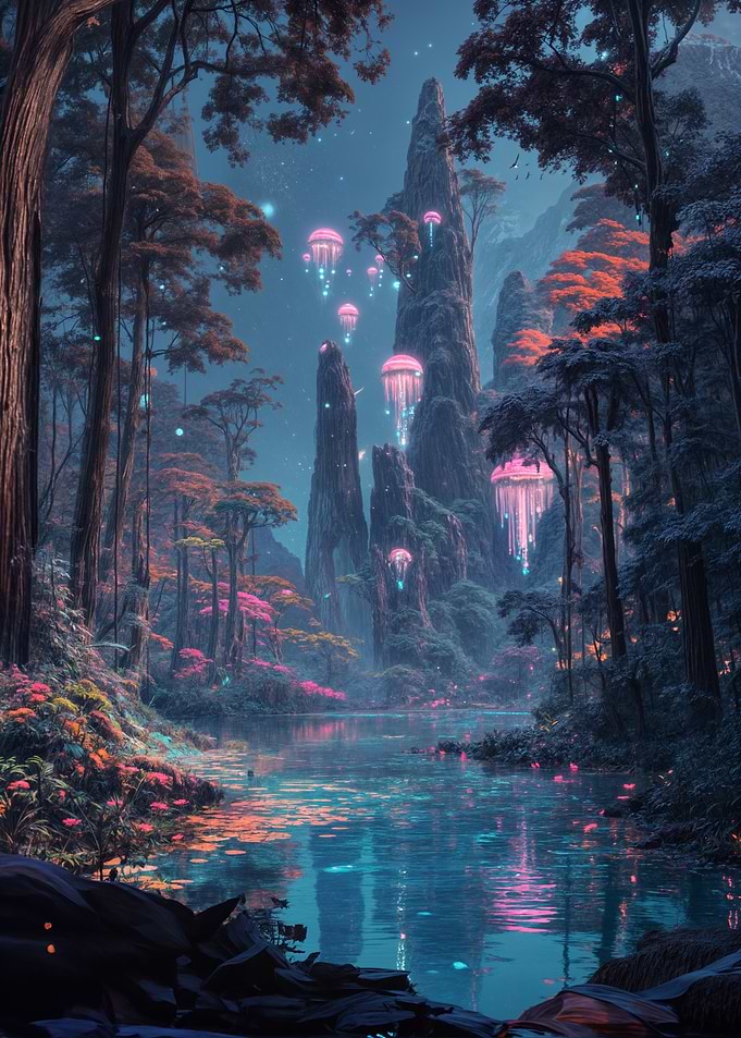 Enchanted Forest with Glowing Jellyfish