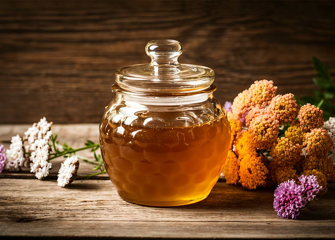 Honey jar with flowers