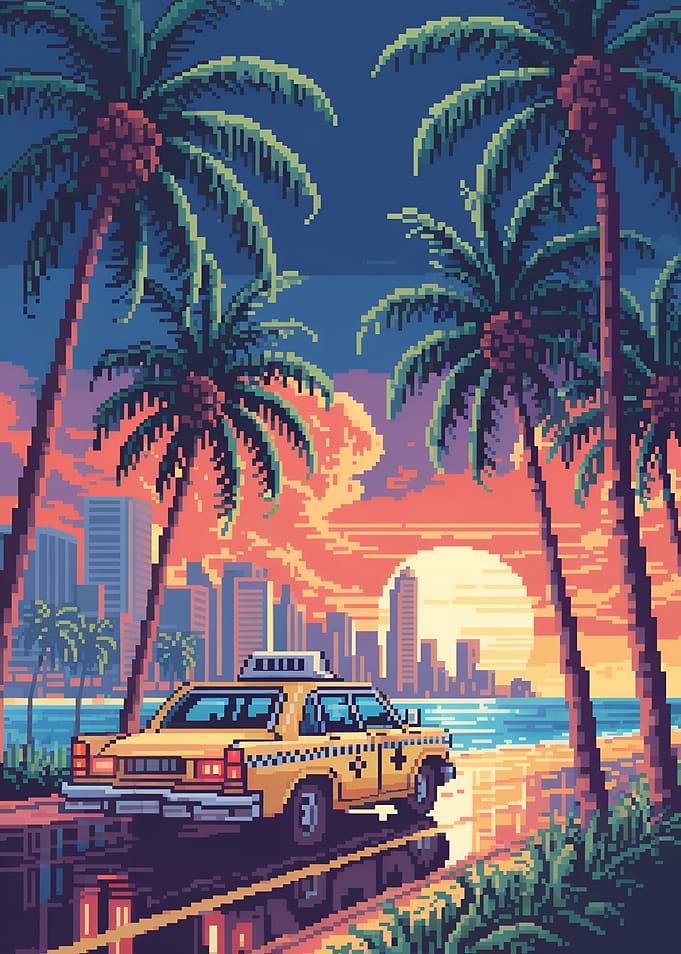 Pixel Art Miami Taxi at Sunset