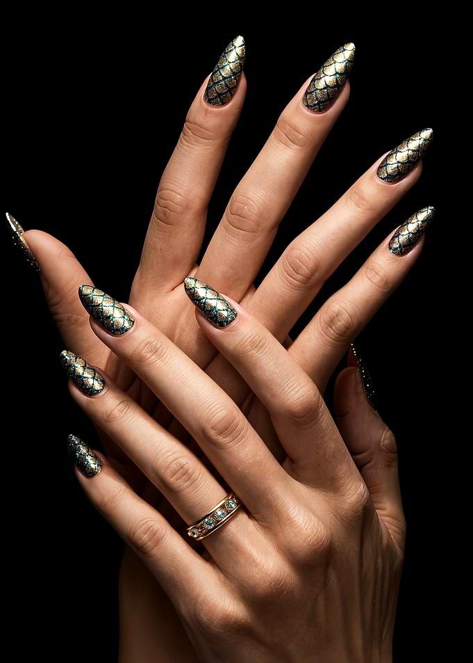 Hands with Dragon Scale Nail Art