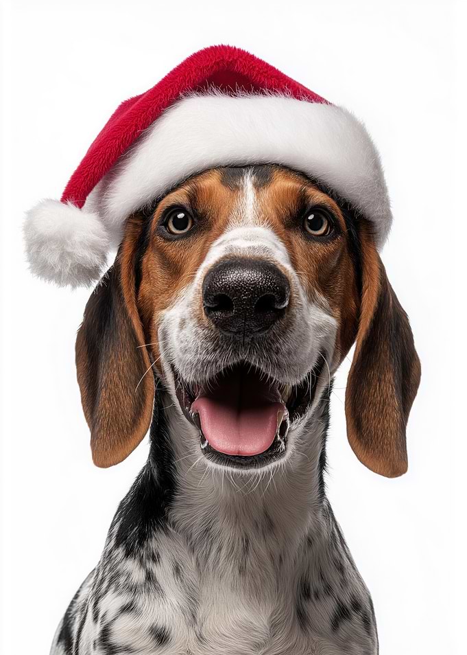 Treeing Walker Coonhound Dog with Santa Hat
