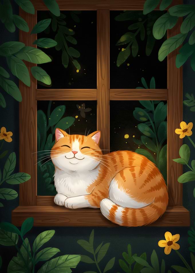 Smiling Cat on Window Sill