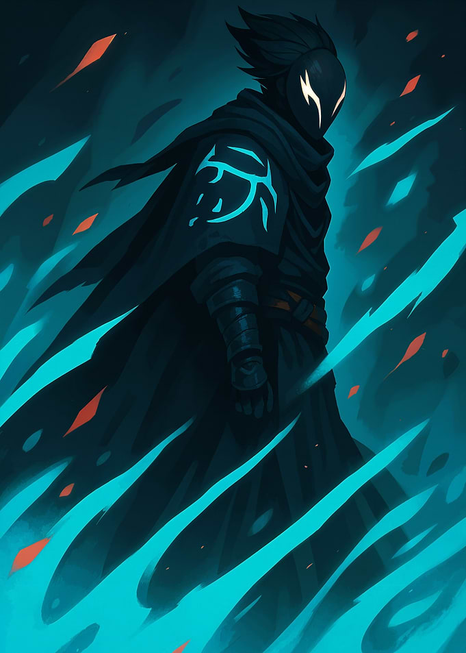 Mysterious hooded figure in blue