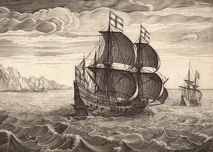 Engraving of Sailing Ships on the Sea