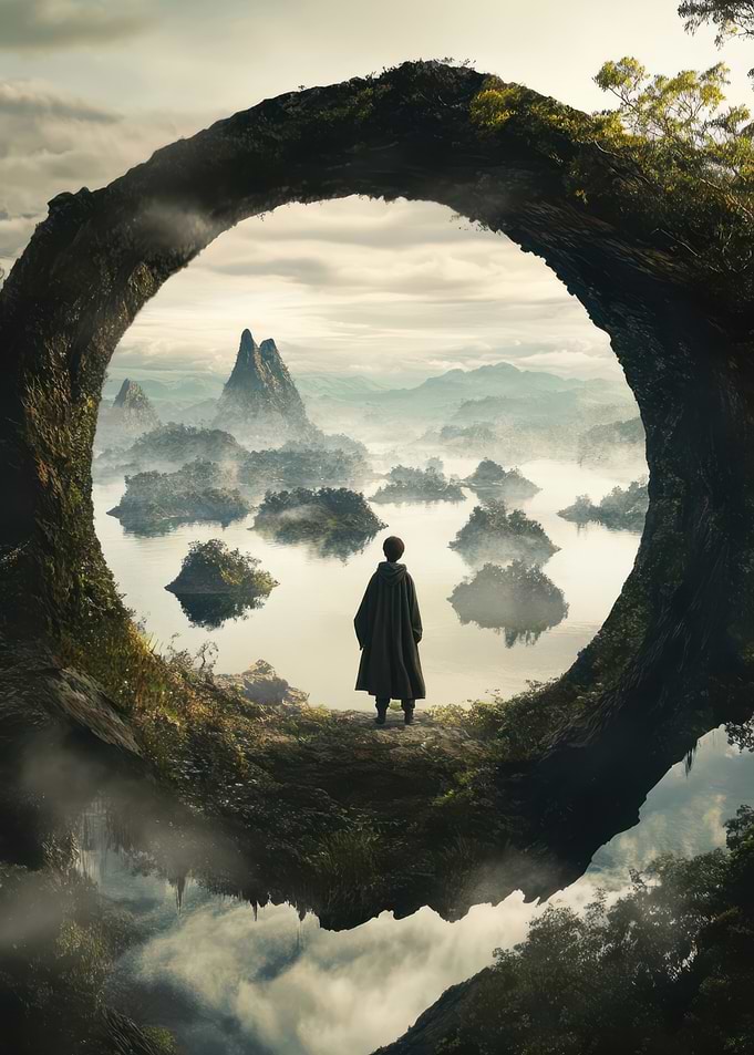 Cloaked Figure Overlooking Misty Landscape