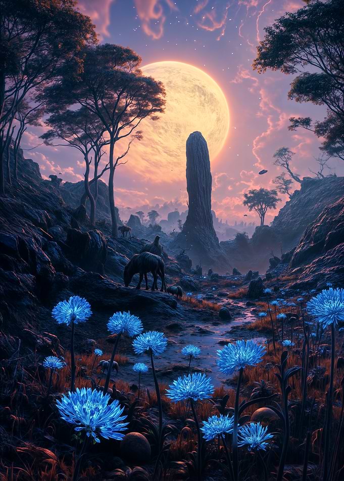 Fantasy Landscape with Blue Flowers and Moon