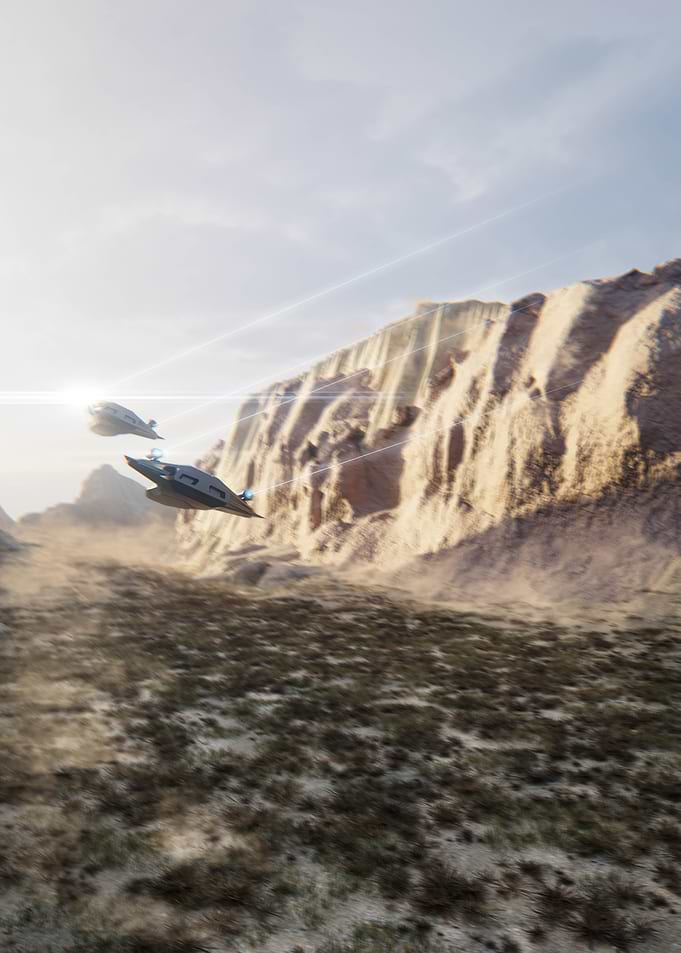 Futuristic Spaceships over Desert Landscape