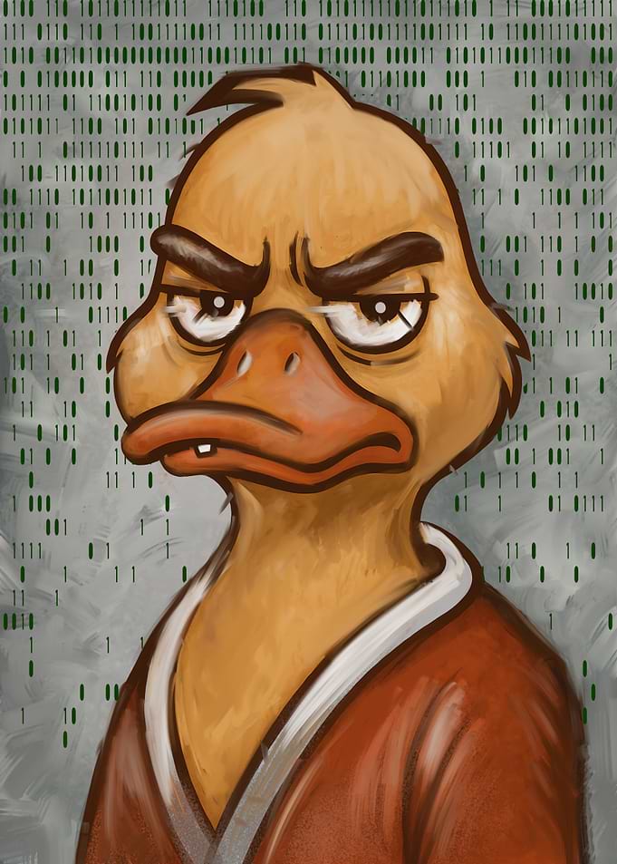 Grumpy Duck with Binary Code Background