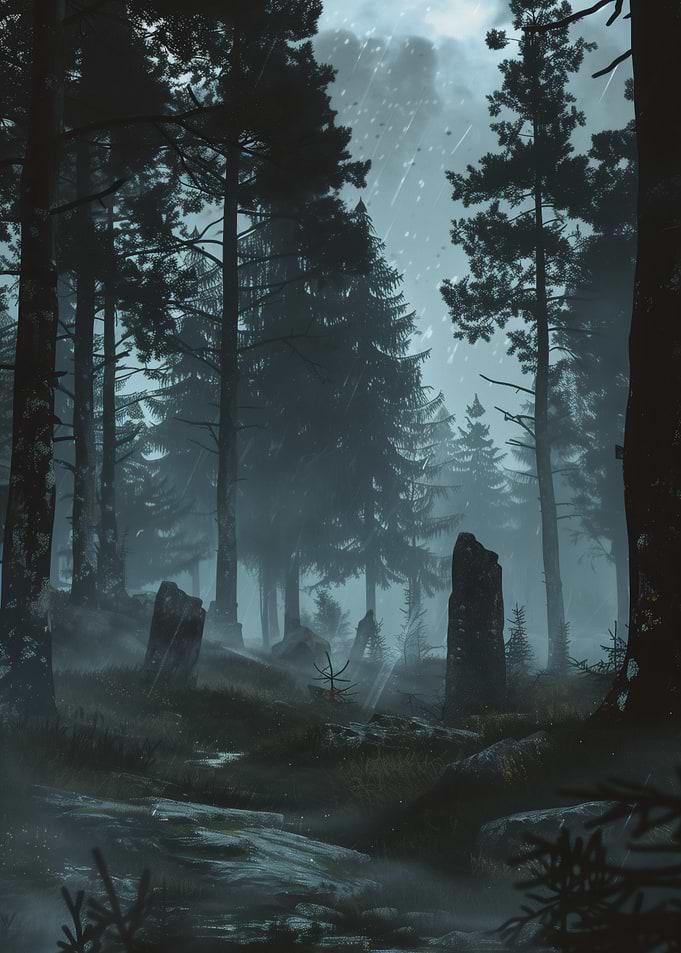 Rainy Fantasy Nordic Forest with Standing Stones