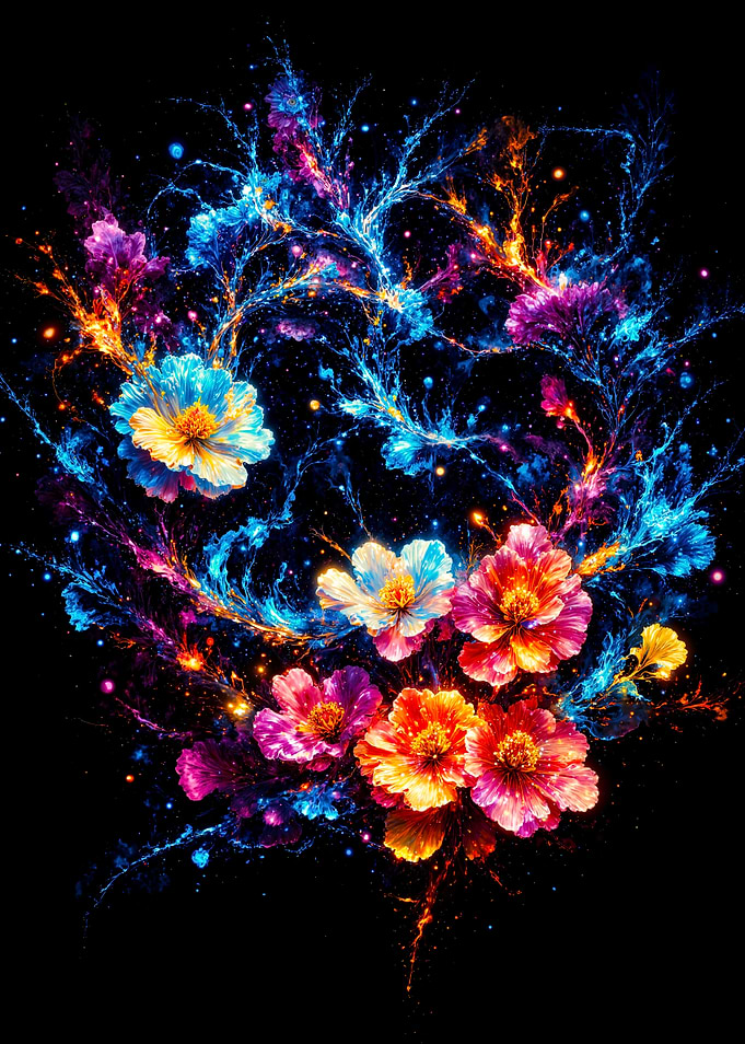 Cosmic Floral Arrangement on Black Background