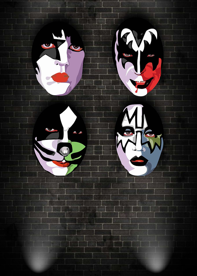 KISS Band Masks on Brick Wall