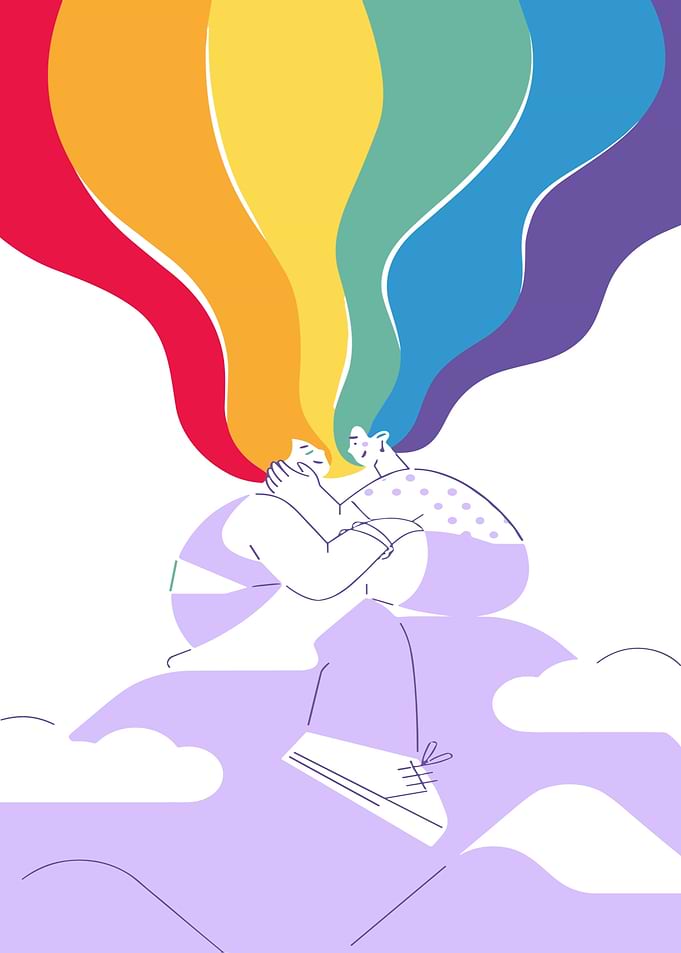 LGBTQ+ Couple Hugging with Rainbow Hair