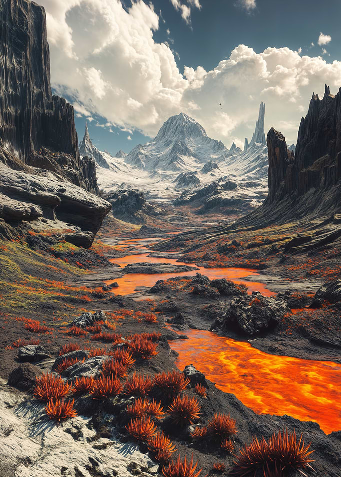 Volcanic Landscape with Snow-Capped Mountains